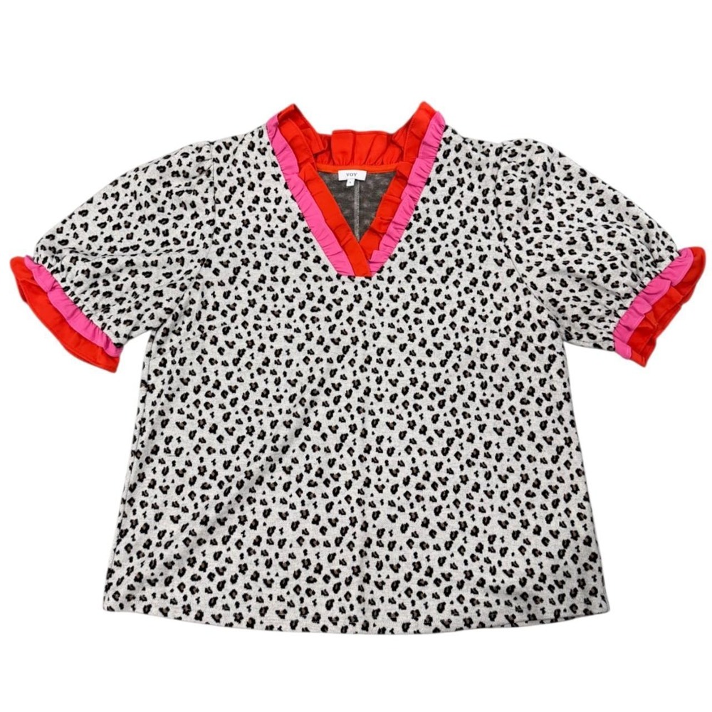 Leopard & Ruffle Colorblock Pink Red Blouse Large - Picture 2 of 6